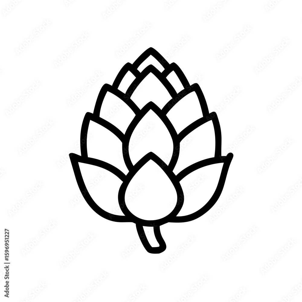 Poster simple graphic showing a stylized hop cone with a thick outline on a plain white background design e