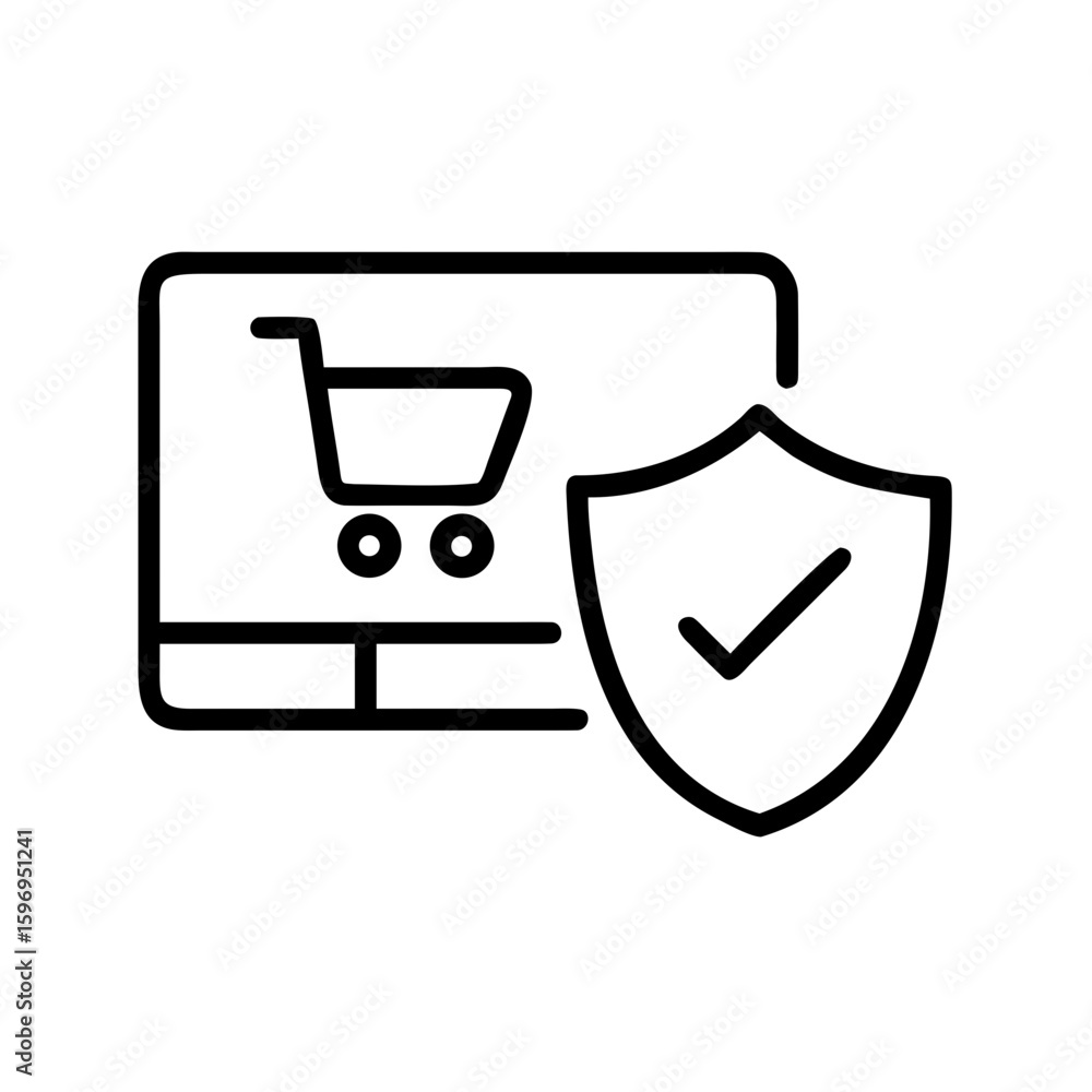 Fototapete a monitor displaying a cart is next to a shield with a check mark indicating secure online shopping 