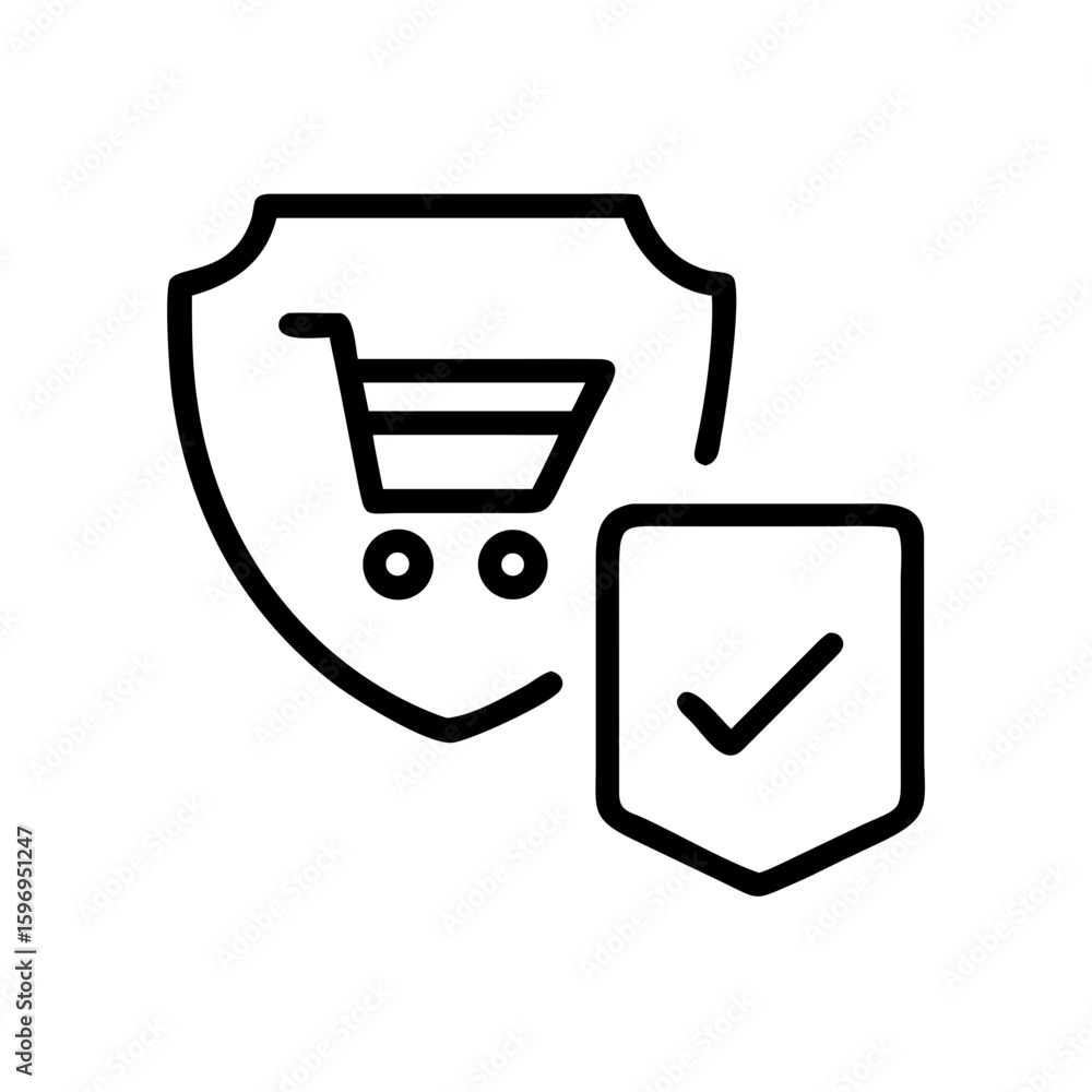 Poster Shopping cart on a shield with a checkmark for secure online purchasing is shown here now today always
