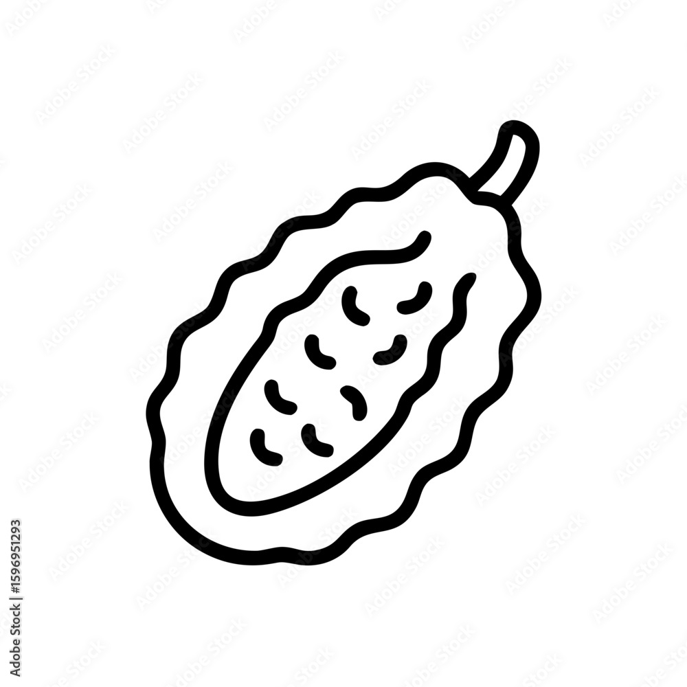 Poster outline drawing of a bitter melon with seeds inside and a small stem on the right side of the image