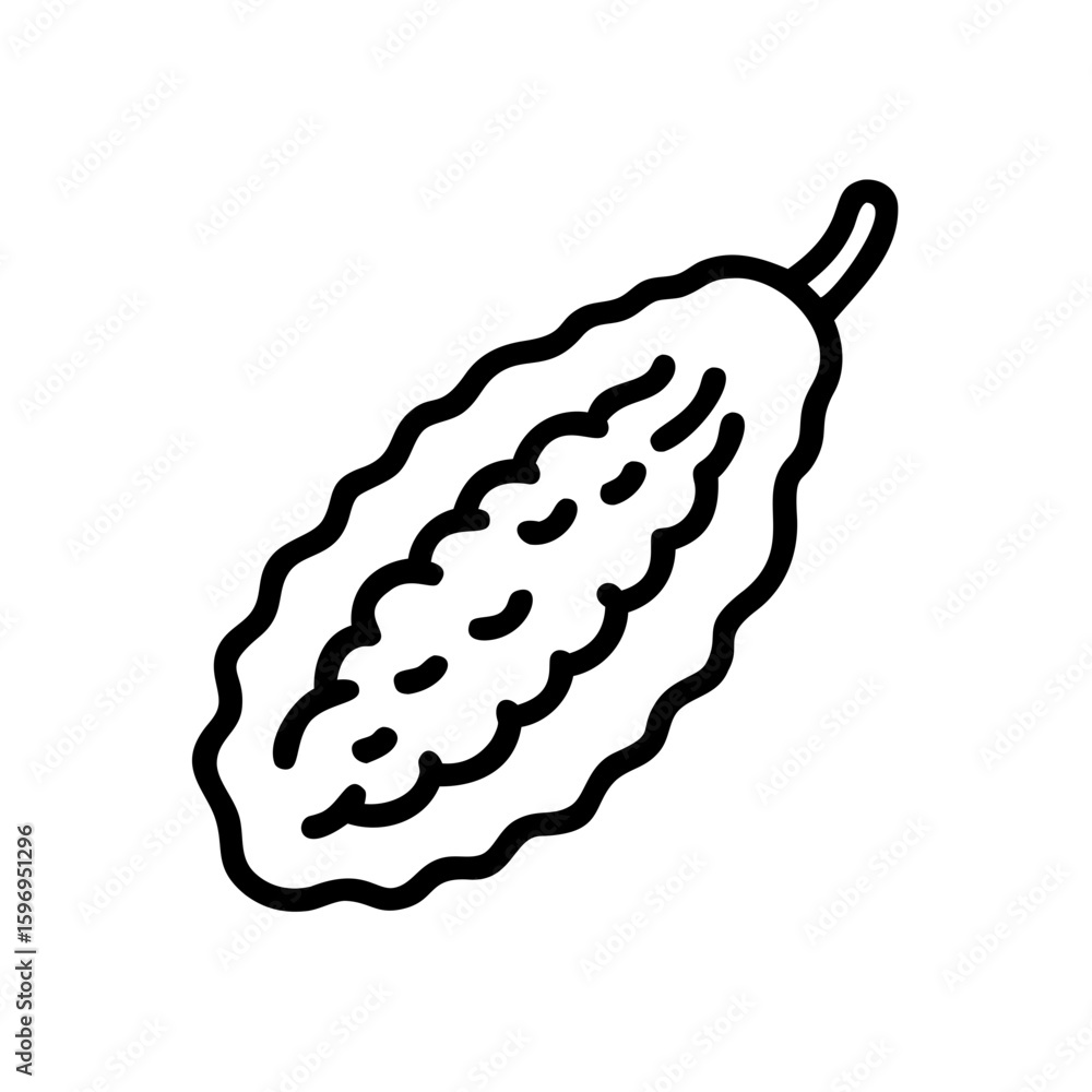 Poster single bitter melon with bumpy texture and stem in a simple outline style drawing on white backgroun