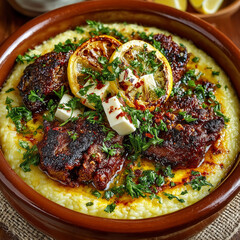 Grits Bowl with Meat, Lemons, Butter and Parsley