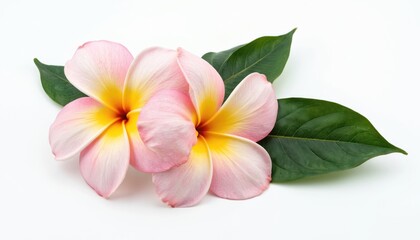 Fototapeta premium Two vibrant plumeria flowers with delicate pink, yellow petals accompanied by deep green leaves on clean white background. Isolated tropical botanical subject features natural beauty, floral design.