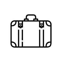 Stylized graphic of a simple suitcase with handle and clasps in black outline on a white background