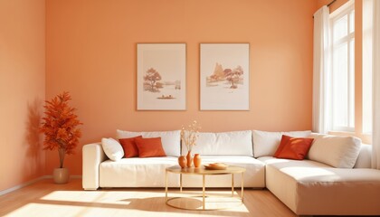 Fototapeta premium Modern living room interior design with plush white sectional sofa accented by orange throw pillows. Features round coffee table with vases, artwork on warm peach walls, complemented by natural light