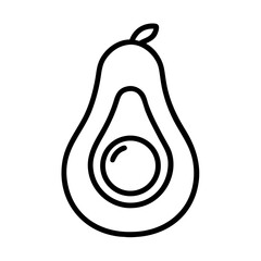 A simple graphic shows a halved alligator pear with a seed, outlined in black on a white background