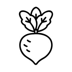 Simple graphic of a radish with leaves, outlined in black on a white background design element
