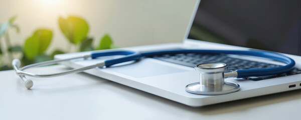 Stethoscope on modern laptop keyboard, representing digital health and medical technology. Doctor instrument on computer symbolizes telemedicine, patient care analysis, and health informatics.