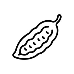 Simple graphic of a pea pod with visible peas inside using a bold outline on a white background
