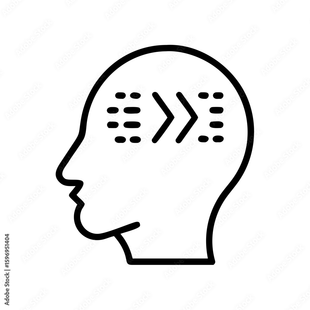 Poster outline of head with arrows and dots inside representing thought process and direction of thinking