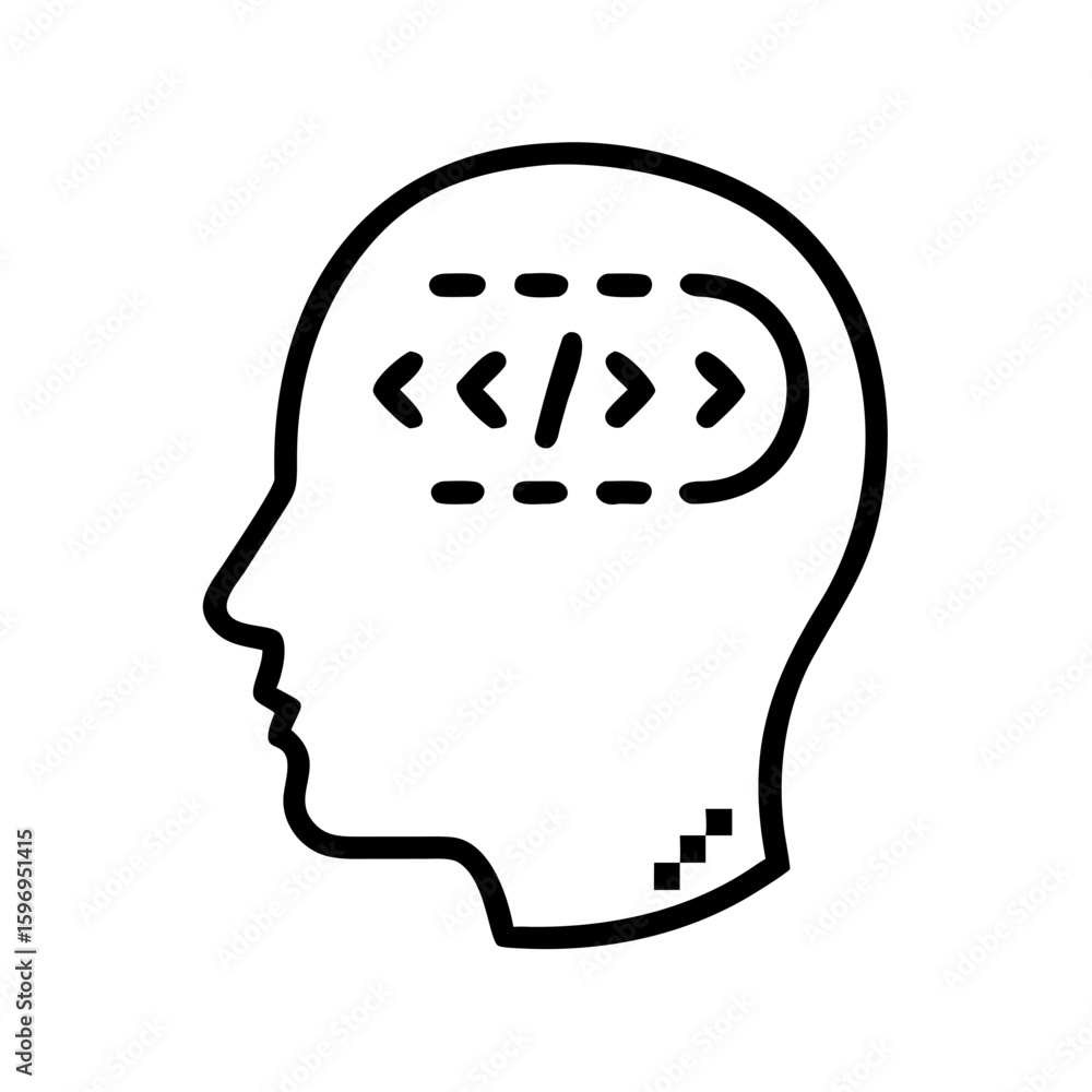 Poster head profile with angle brackets and forward slash inside, concept of software development mind is s