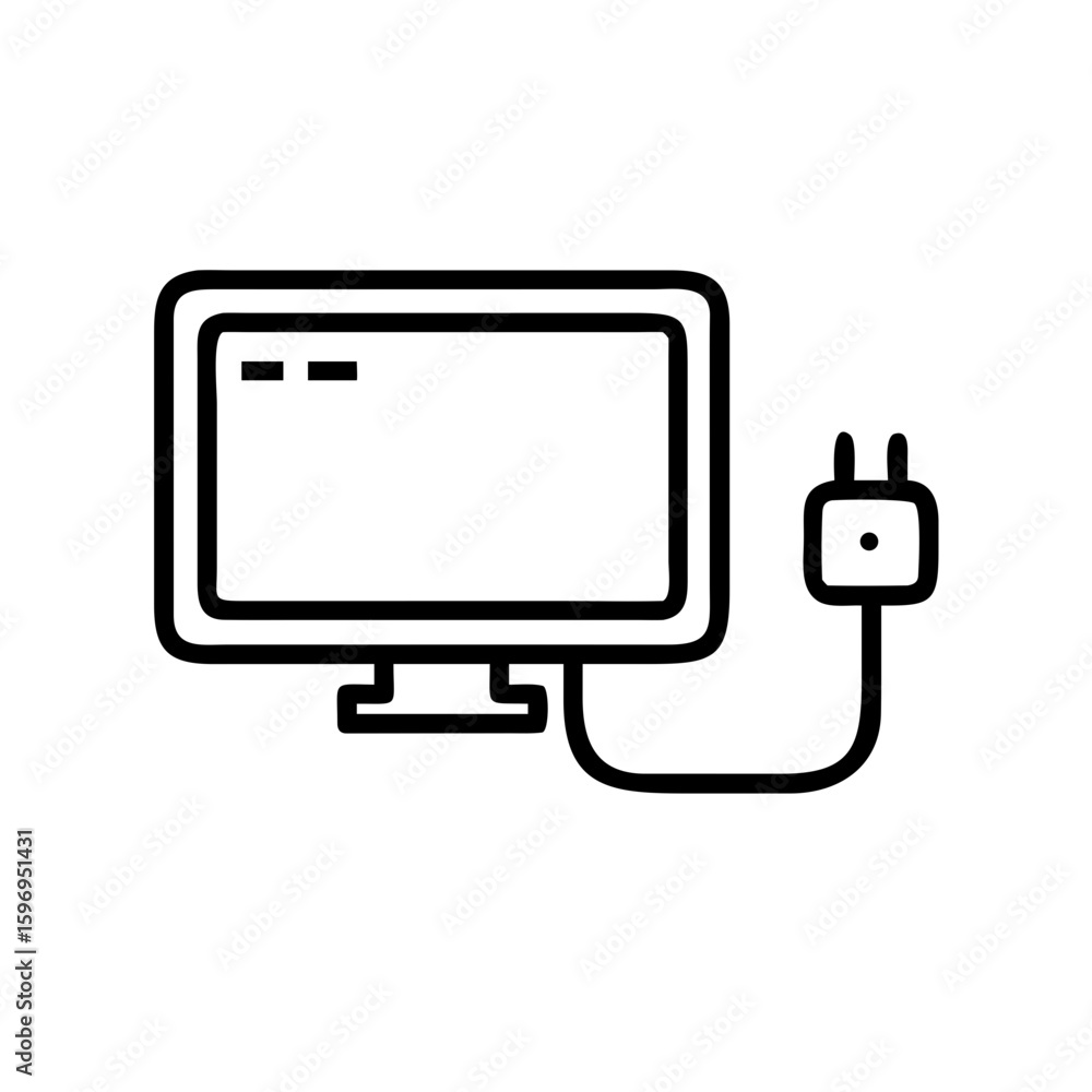 Poster outline drawing of a desktop display with a cable and plug connected to the side of the device