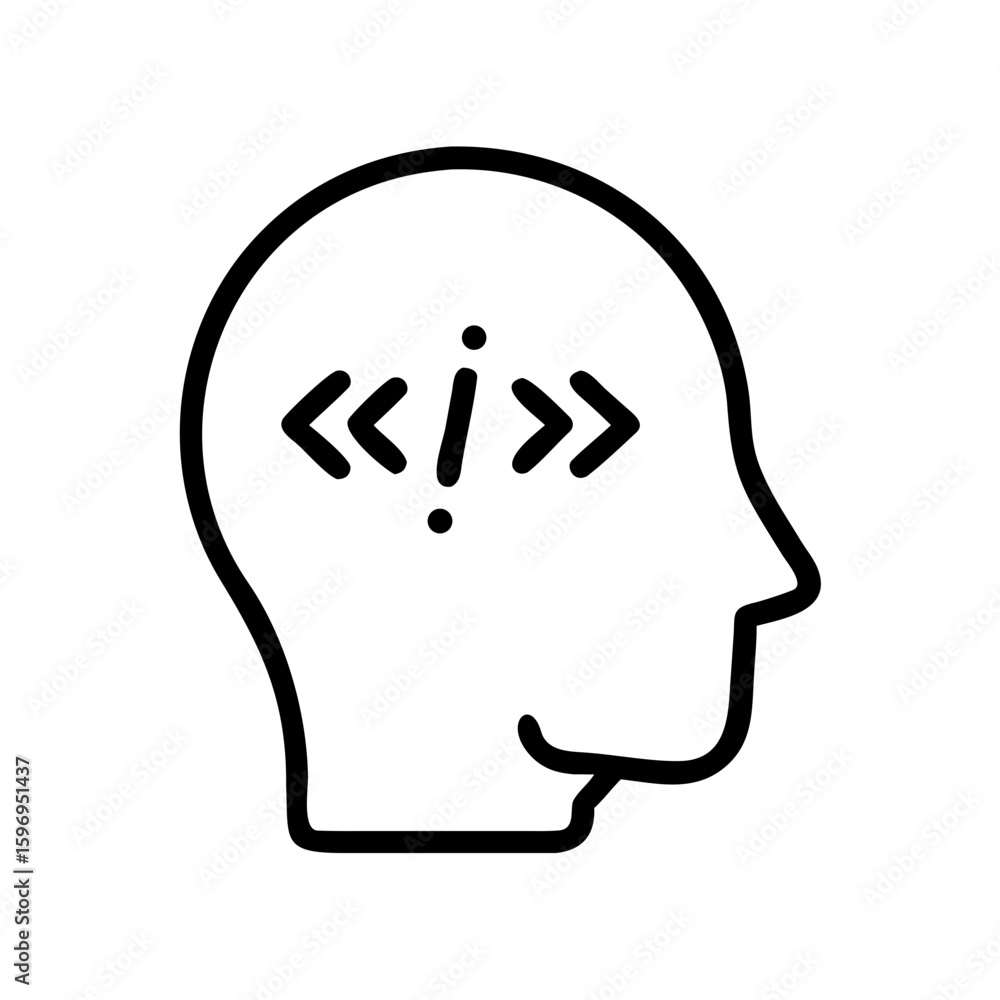 Poster outline of a head with angled brackets and an i inside representing thought process and knowledge