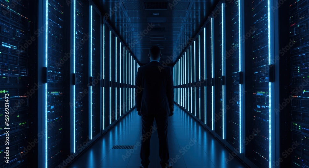Poster illuminated corridor with vertical neon blue lights creating a futuristic and technological atmosphe