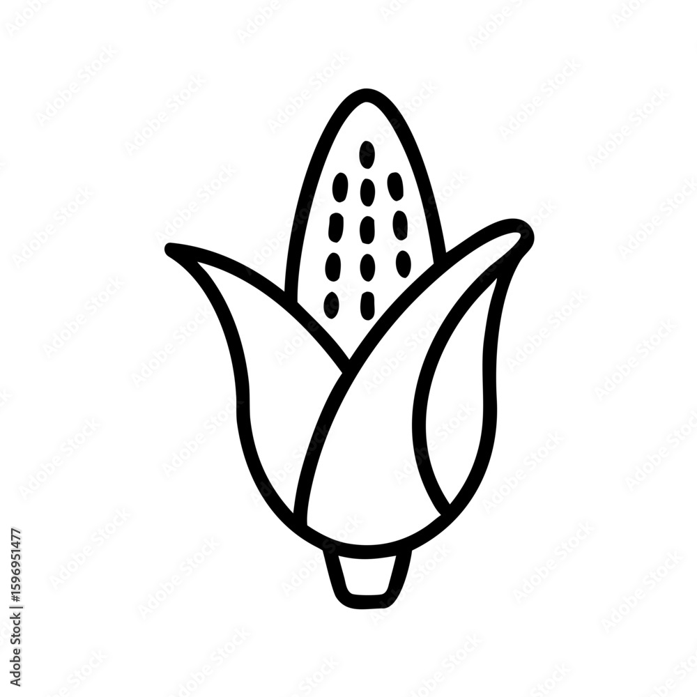 Poster single ear of maize with husk in a simple outline drawing style on a white isolated background desig