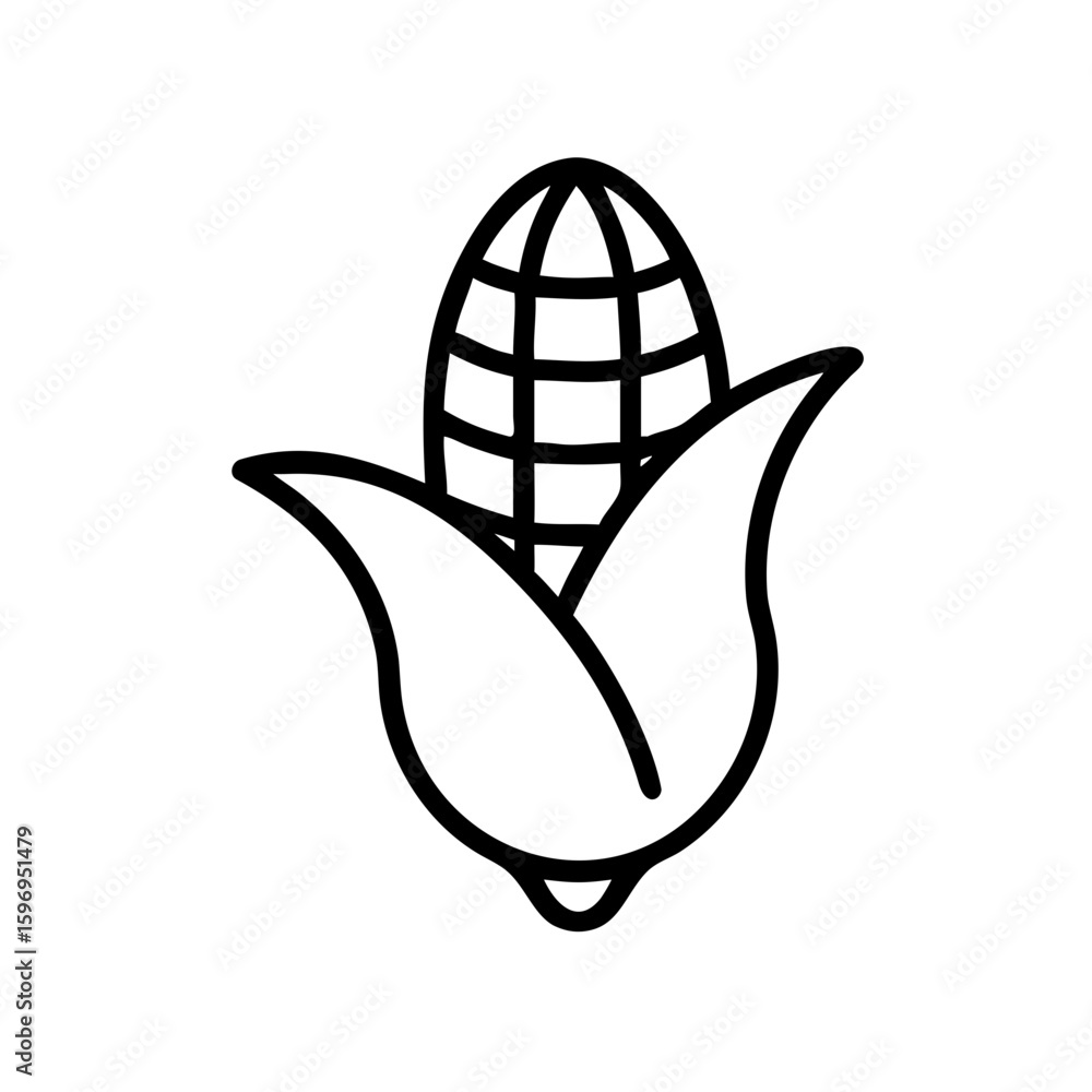 Poster outline drawing of a corn cob with husk and kernels, simple black line drawing on white background