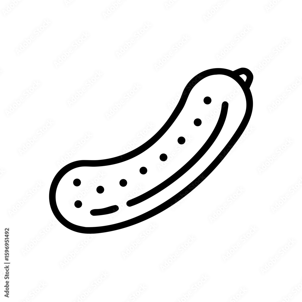 Poster outline drawing of a curved pickle with small dots along the side on a white isolated background
