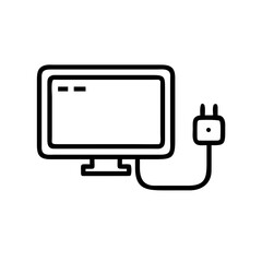 Outline drawing of a desktop display with a cable and plug connected to the side of the device