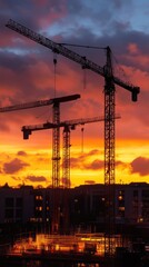 Construction cranes silhouette fiery sunset sky