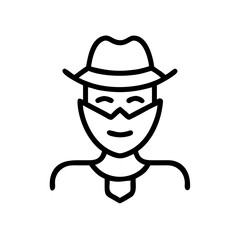 Person with a hat and mask outline drawing, a mysterious and shady character is depicted here in simple form