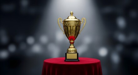 A golden trophy with a lid on a red velvet table against a blurred dark background with a spotlight