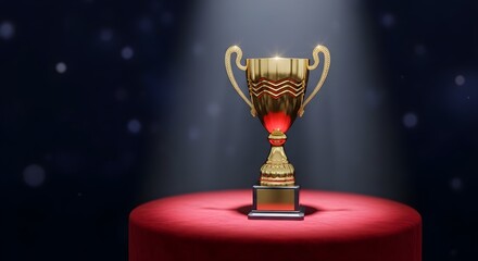 A golden trophy with handles on a red pedestal under a spotlight against a dark background