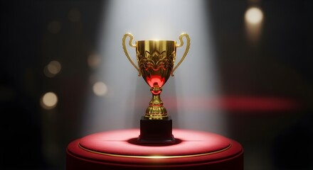 A golden trophy with ornate details sitting on a red velvet pedestal under a spotlight in a dark room