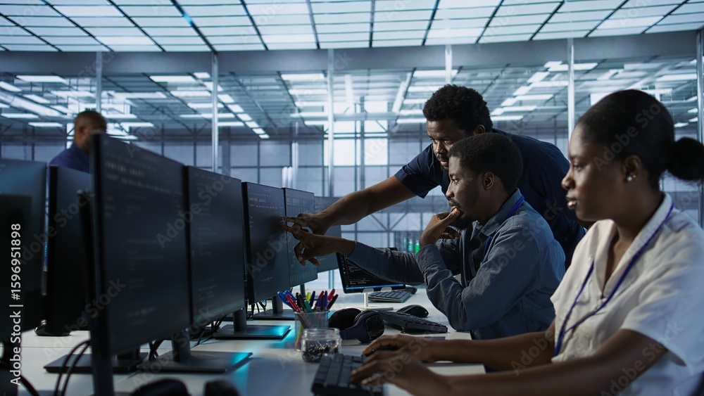Poster manager supervising server room workers developing disaster recovery plans ensuring minimal downtime
