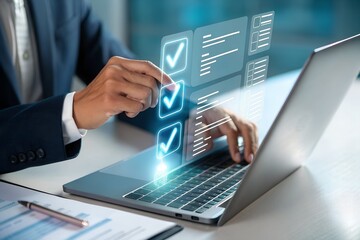 Fototapeta premium Businessman touching approved document icon on digital documents for approve business project proposals. Quality assurance and online evaluation of business concept.