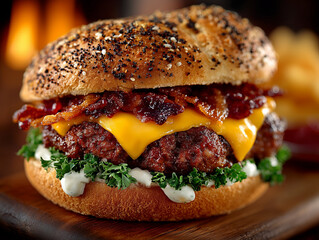 Seeded Burger with Beef Patty, Bacon, and Cheese on Wooden Board