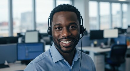 Obraz premium Smiling african american man wearing headset in modern office environment ready to assist