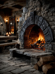 Stone Fireplace with Burning Fire and Wooden Logs