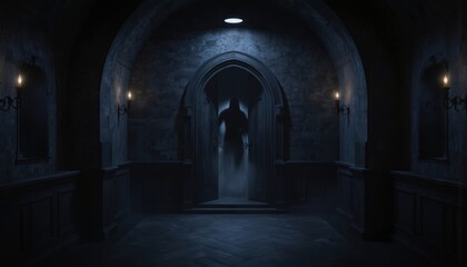 Obraz premium Ominous gothic hallway presents mysterious looming doorway in shadows. Eerie, haunting atmosphere with chilling, moody ambiance. Dark stone walls, arched entrance, faint candlelight. Foreboding sense