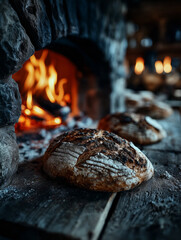 Loaves of Bread Near Stone Oven with Flames