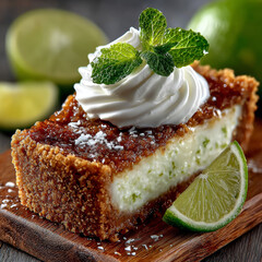 Slice of Key Lime Pie with Whipped Cream, Mint, and Limes