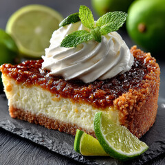 Key Lime Pie Slice with Whipped Cream and Limes