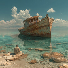Person Near Rusted Boat in Water, Under Cloudy Sky