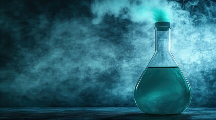 Blue Potion in Flask with Misty Smoke on Dark Background