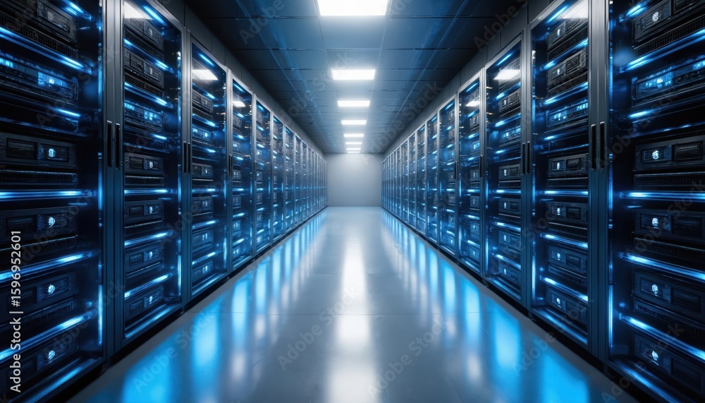 Poster modern server room filled with racks of glowing blue servers. this high-tech data center represents 