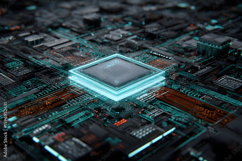 Poster 3d-rendered futuristic ai core central processing unit surrounded by intricate neural pathways glowi
