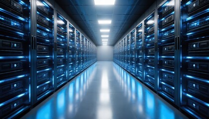 Obraz premium Modern server room filled with racks of glowing blue servers. This high-tech data center represents digital infrastructure, advanced technology, and secure data storage solutions.