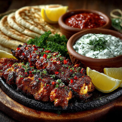Chicken Skewers with Flatbread, Dips, and Lemon Wedges