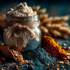 Flour-Filled Jar with Powders, Grains, and Wheat Stalks Still Life
