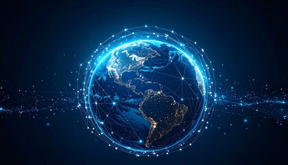 Global network, digital earth, glowing planet