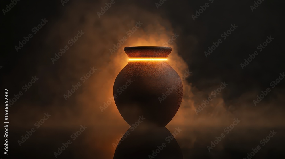 Poster clay pot with rustic charm illuminated in a smoky environment