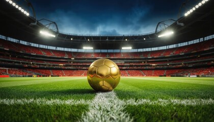 Golden soccer ball rests on green field at stadium center. Spectators fill red seats under bright stadium lights. Championship game anticipation, soccer sport symbol.