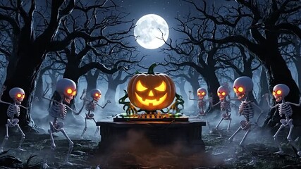 Lit jackolantern DJ booth amid dancing skeletons under a full moon in a spooky forest