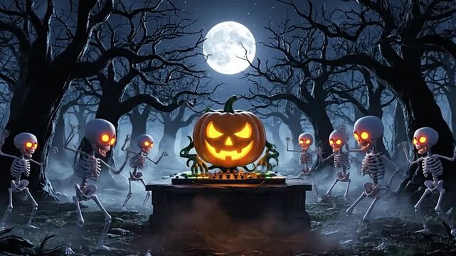 Lit jackolantern DJ booth amid dancing skeletons under a full moon in a spooky forest