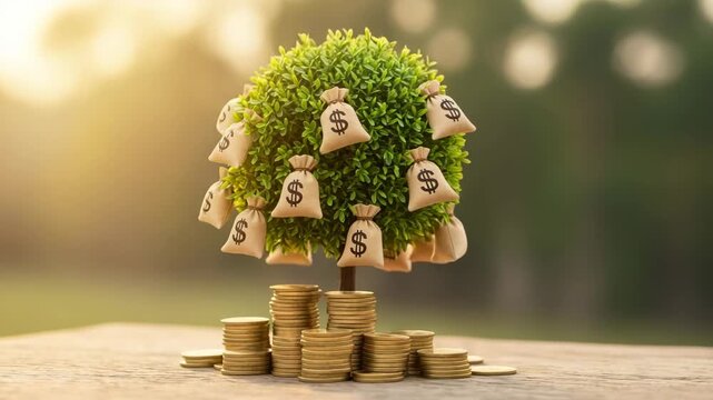 A money tree laden with dollar bags and surrounded by coins