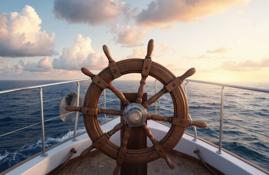 Wooden ship steering wheel at sunset on ocean. Nautical adventure with weathered helm controlling yacht, guiding vessel through waves towards horizon. Maritime journey, freedom.